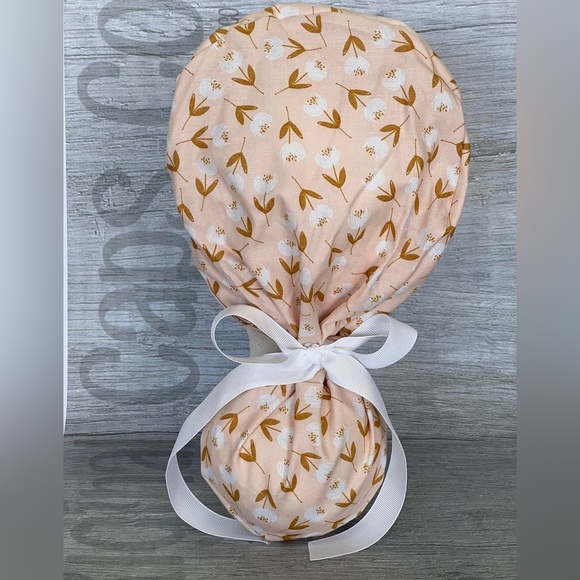 Nursing Scrub Cap with Ribbon Ponytail - Pink Floral - Picture 1 of 4